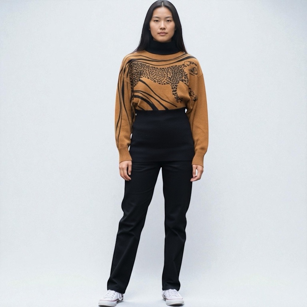 Vintage Lily Chao Leopard Beaded Dolman Sleeves Wool Bland Turtleneck Sweater L‎